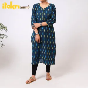 Blue - iTokri Casuals - Ikat Weave Cotton Long kurta