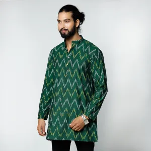 Dark Green - Pochampally Ikat Weave Cotton Men Short Kurta