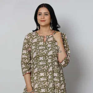 Dark Green - Sanganeri Block Printing Cotton Long Kurta