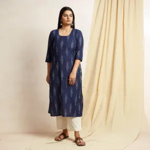 Navy Blue Pochampally Ikat Weave Cotton Long Kurta