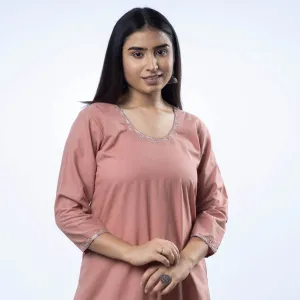 Pink - iTokri Casuals - Hand Embroidered Salmon Pink Cotton Long Straight Kurta