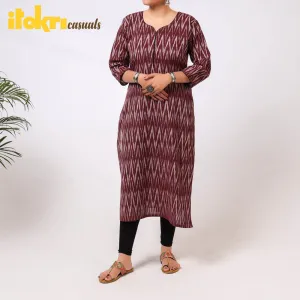 Red - iTokri Casuals - Ikat Weave Cotton Long Kurta