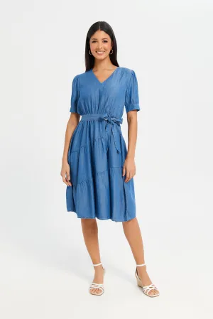 Women Blue Denim Tiered Dress